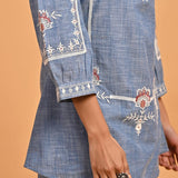 Blue Embroidered Slub Tunic - Lakshita