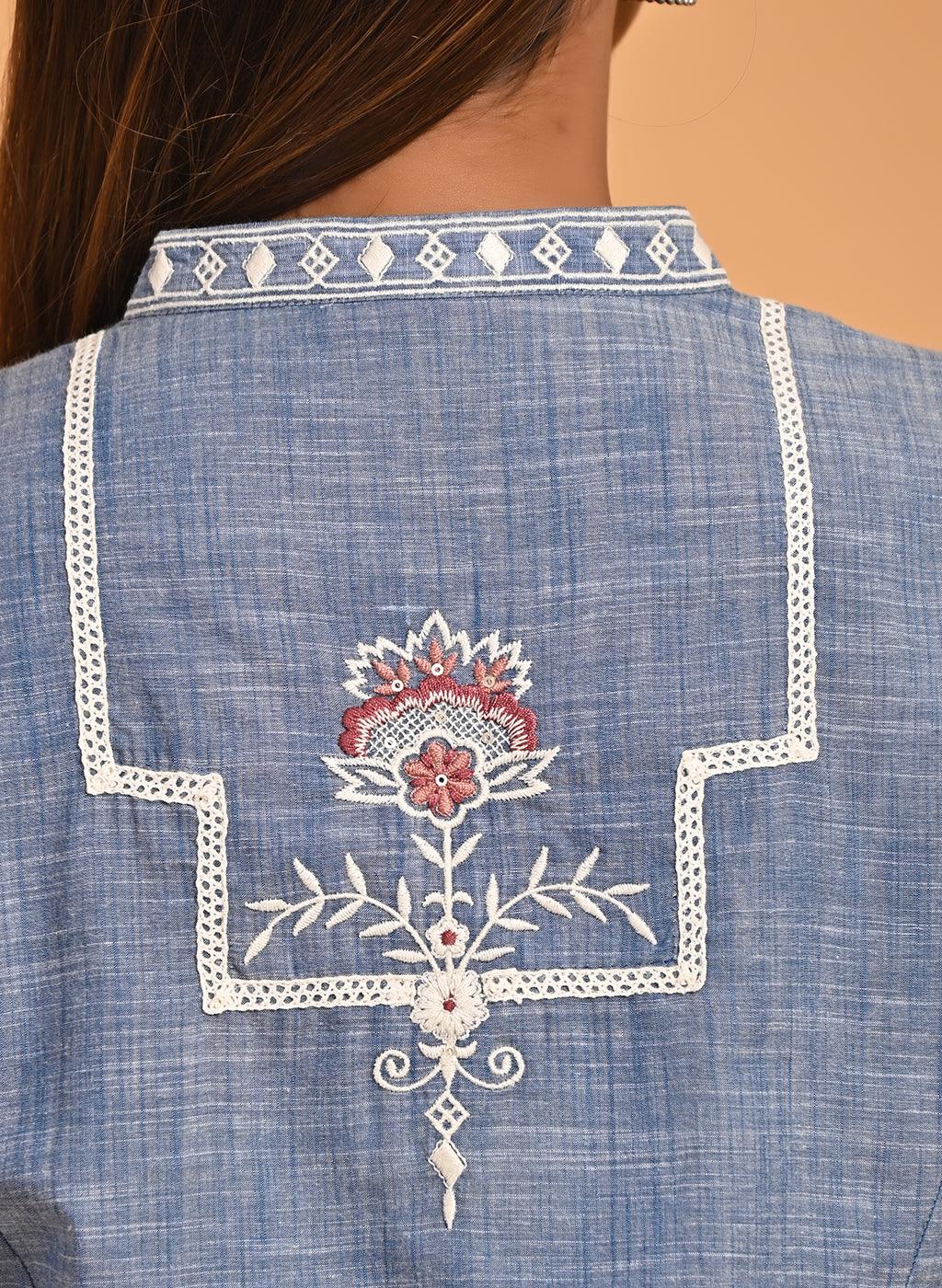 Blue Embroidered Slub Tunic - Lakshita