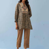 Grey Multi Color Printed Short Tunic with Yoke Embroidery - Lakshita