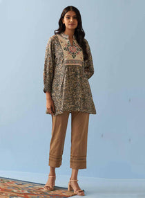 Grey Multi Color Printed Short Tunic with Yoke Embroidery - Lakshita