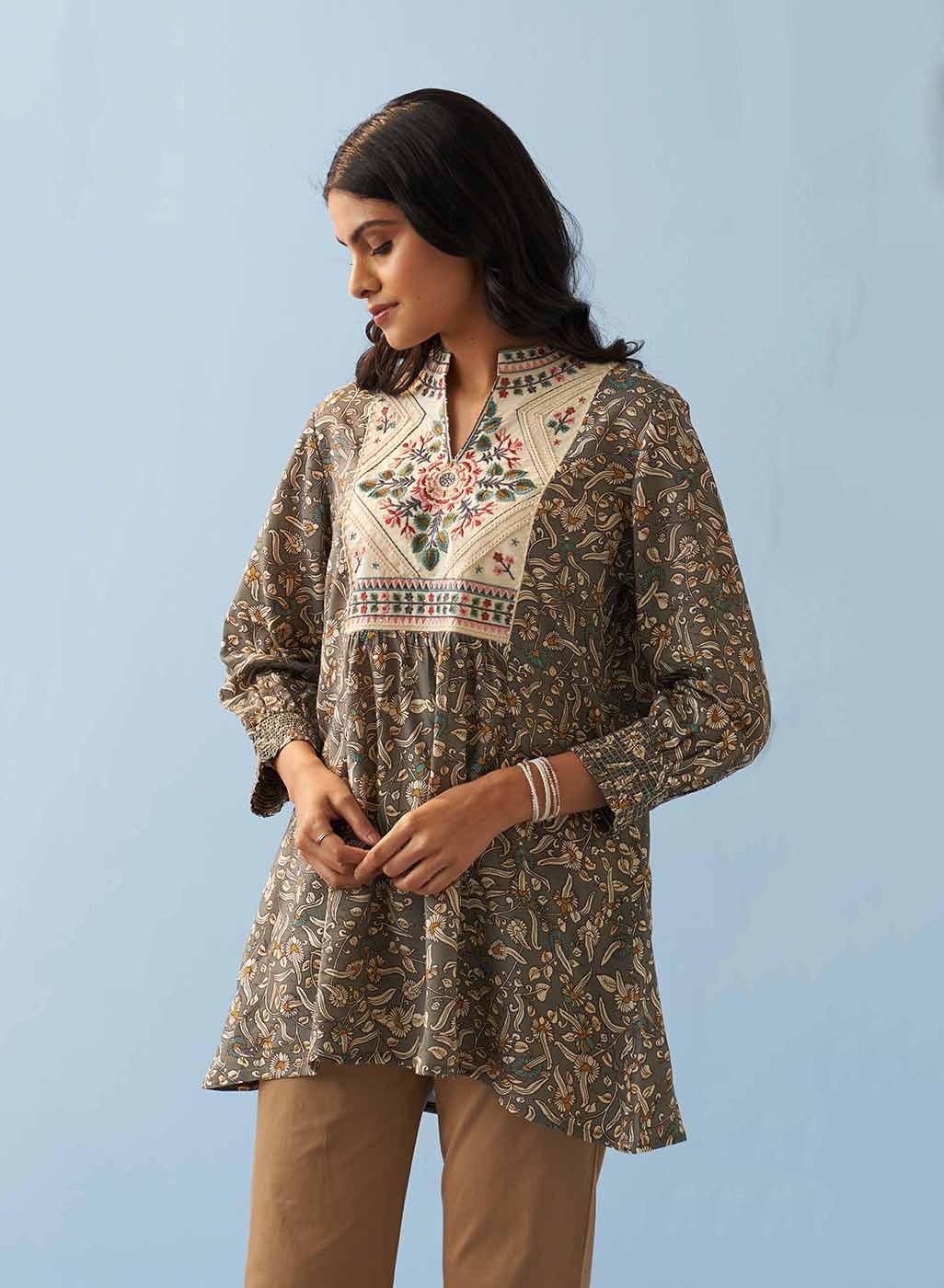 Grey Multi Color Printed Short Tunic with Yoke Embroidery - Lakshita