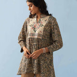 Grey Multi Color Printed Short Tunic with Yoke Embroidery - Lakshita