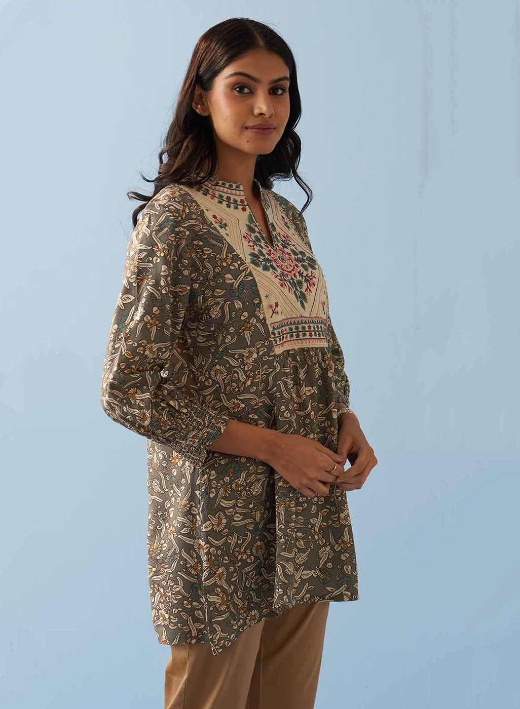 Grey Multi Color Printed Short Tunic with Yoke Embroidery - Lakshita