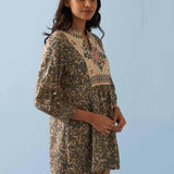 Grey Multi Color Printed Short Tunic with Yoke Embroidery - Lakshita