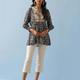 Navy Blue Multi Color Printed Short Tunic with Yoke Embroidery - Lakshita