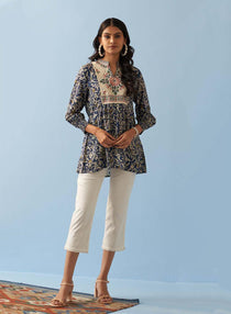 Navy Blue Multi Color Printed Short Tunic with Yoke Embroidery - Lakshita