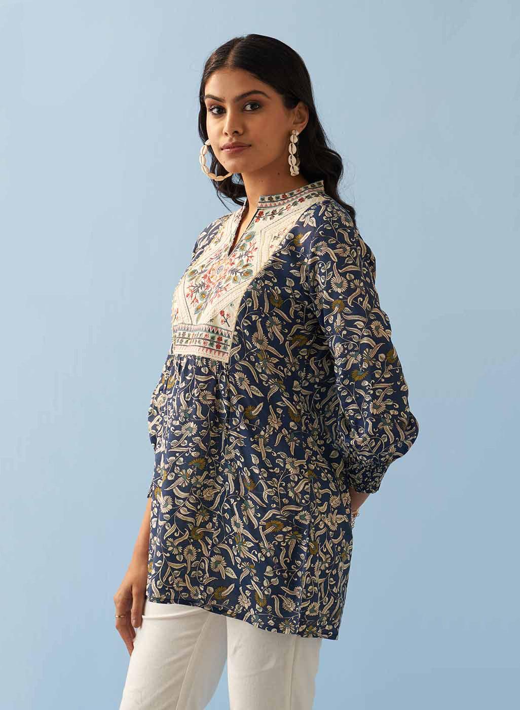 Navy Blue Multi Color Printed Short Tunic with Yoke Embroidery - Lakshita