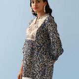 Navy Blue Multi Color Printed Short Tunic with Yoke Embroidery - Lakshita