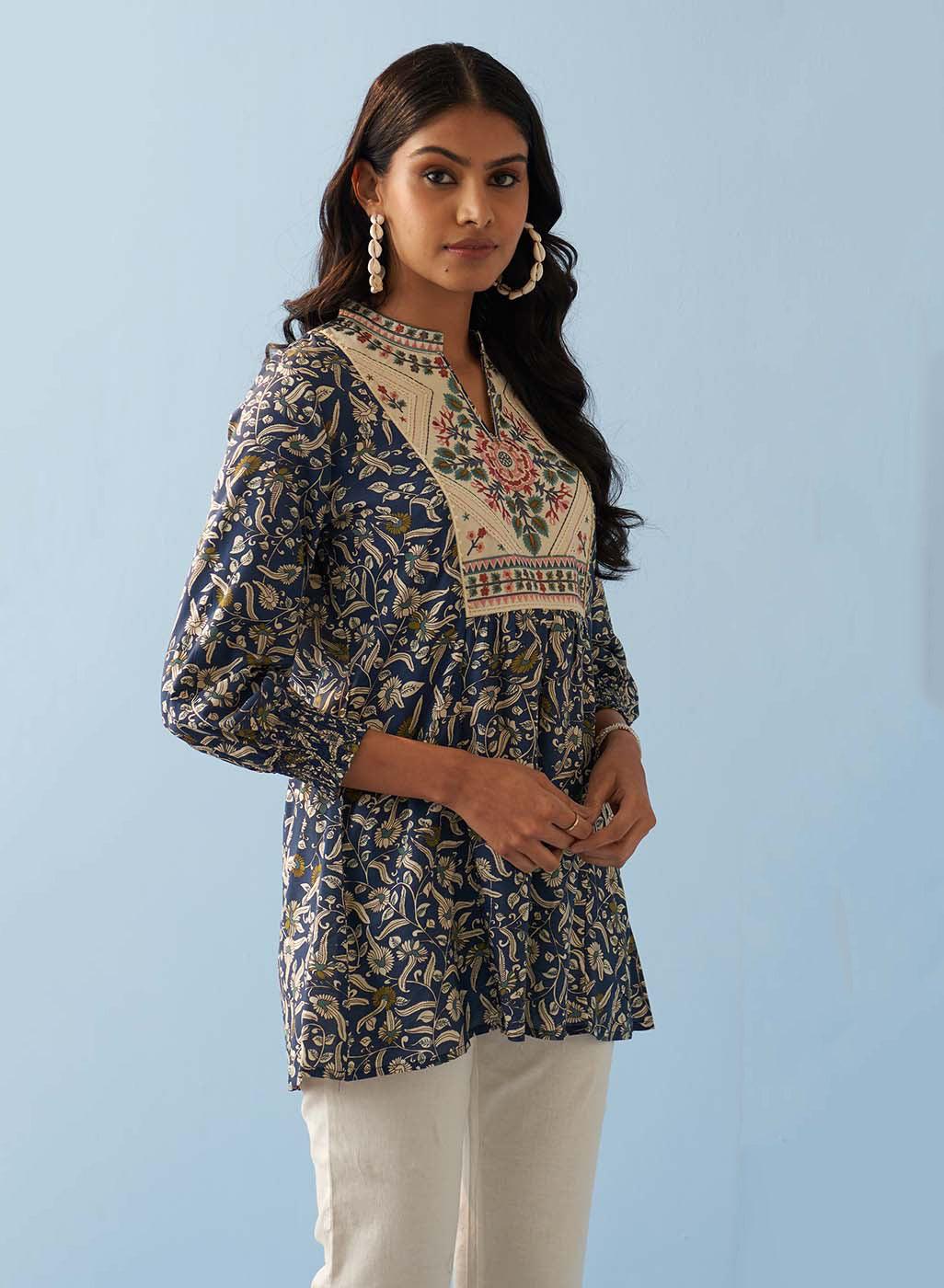 Navy Blue Multi Color Printed Short Tunic with Yoke Embroidery - Lakshita