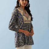 Navy Blue Multi Color Printed Short Tunic with Yoke Embroidery - Lakshita