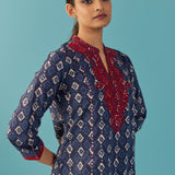 Navy Blue Embroidered Straight Kurta