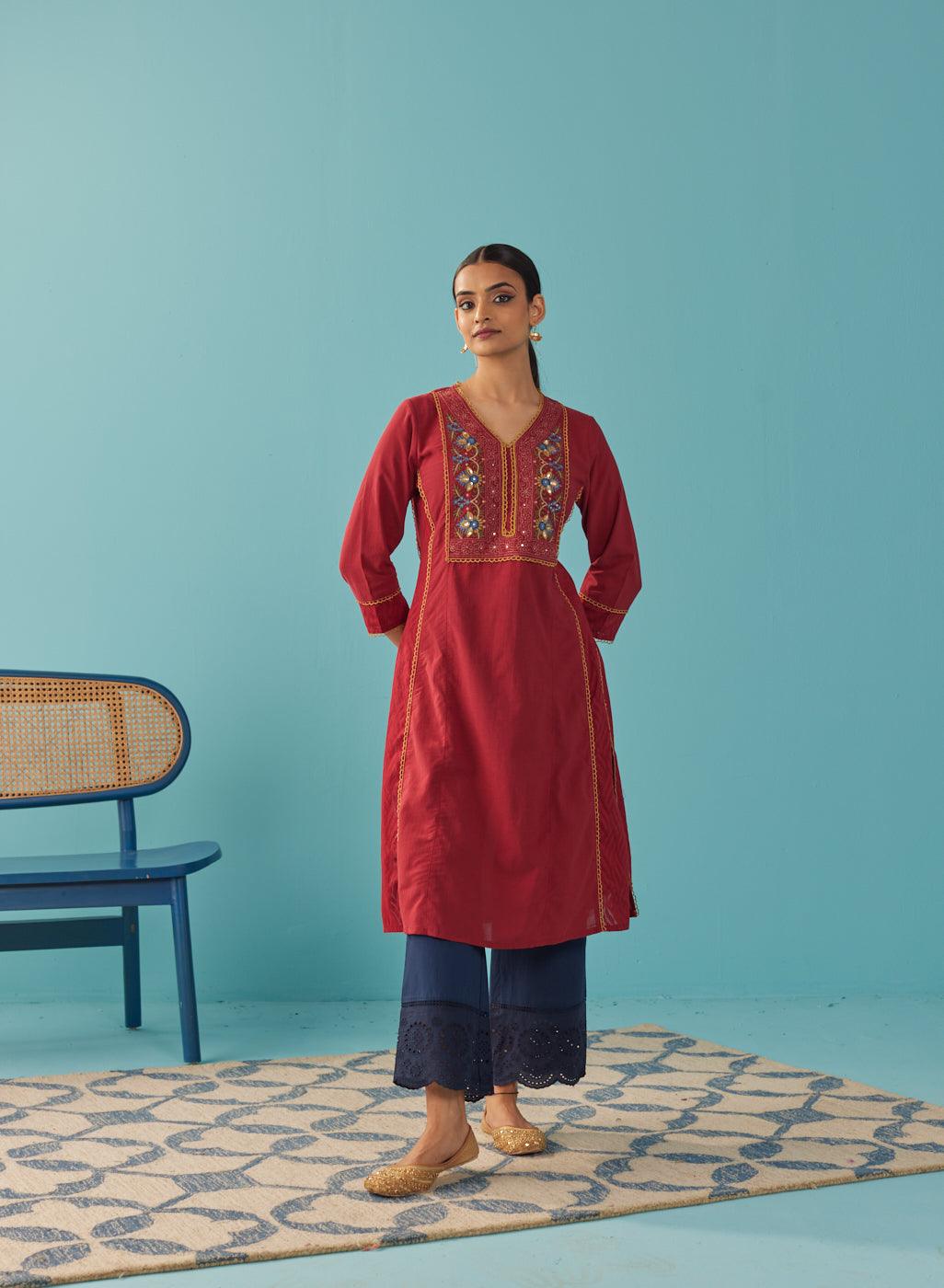 Red Lace Work Kurta with Multi Color Embroidery - Lakshita