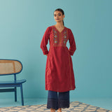 Red Lace Work Kurta with Multi Color Embroidery - Lakshita