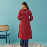 Red Lace Work Kurta with Multi Color Embroidery - Lakshita