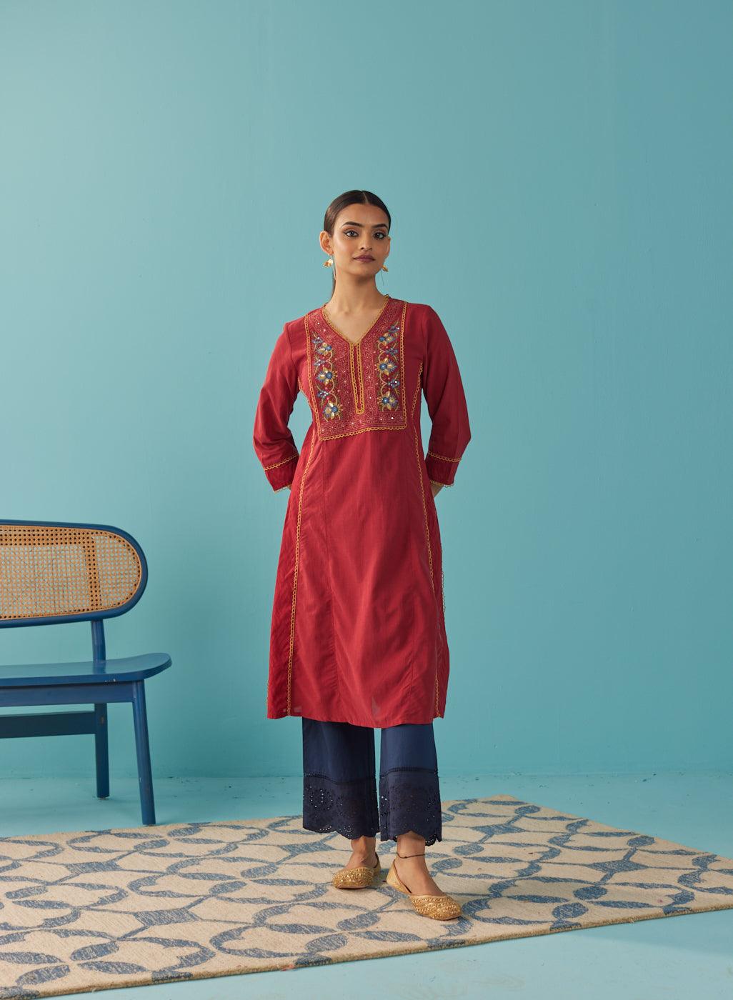 Red Lace Work Kurta with Multi Color Embroidery - Lakshita