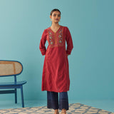 Red Lace Work Kurta with Multi Color Embroidery - Lakshita