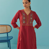 Red Lace Work Kurta with Multi Color Embroidery - Lakshita