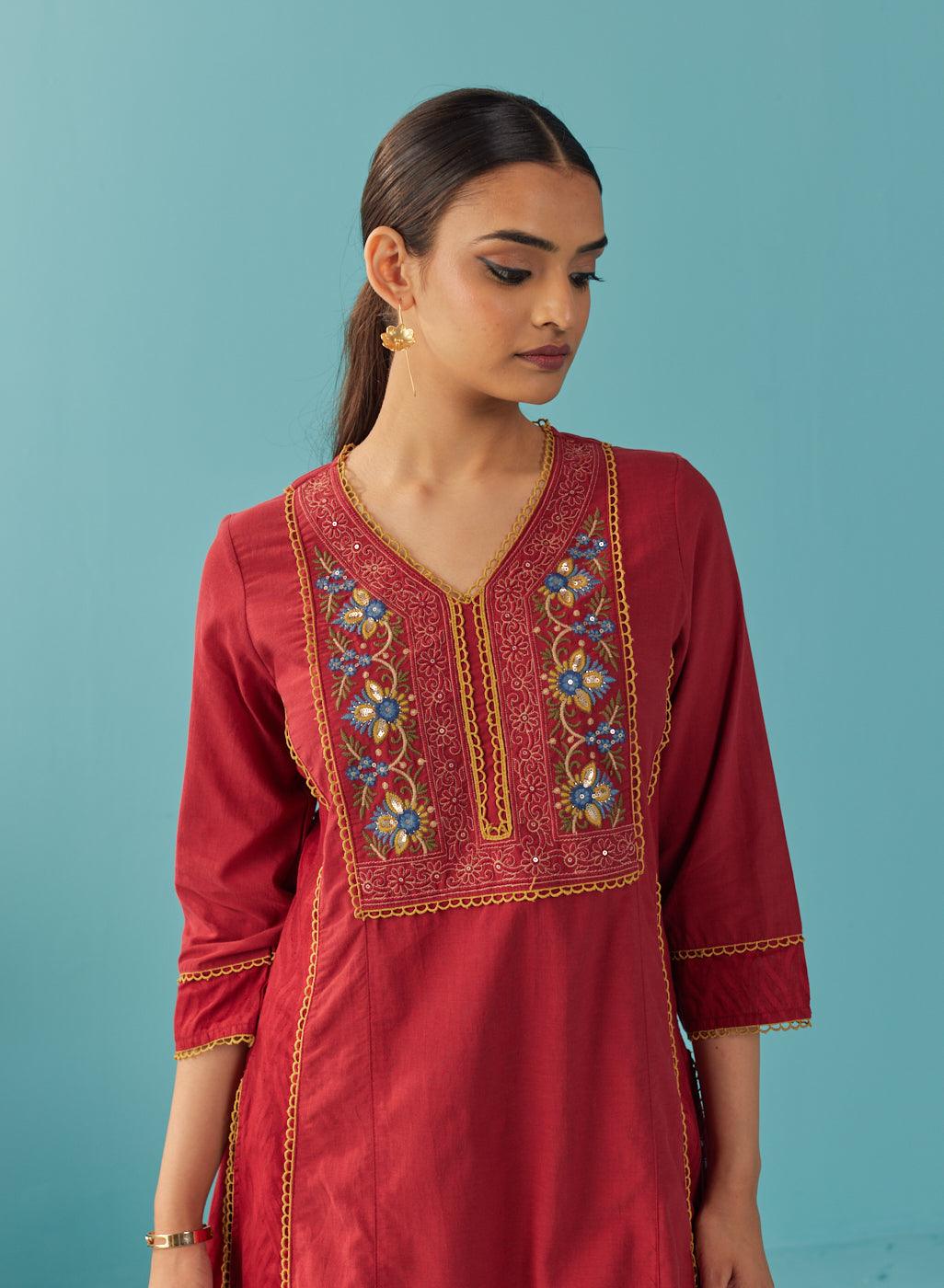 Red Lace Work Kurta with Multi Color Embroidery - Lakshita