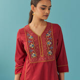 Red Lace Work Kurta with Multi Color Embroidery - Lakshita