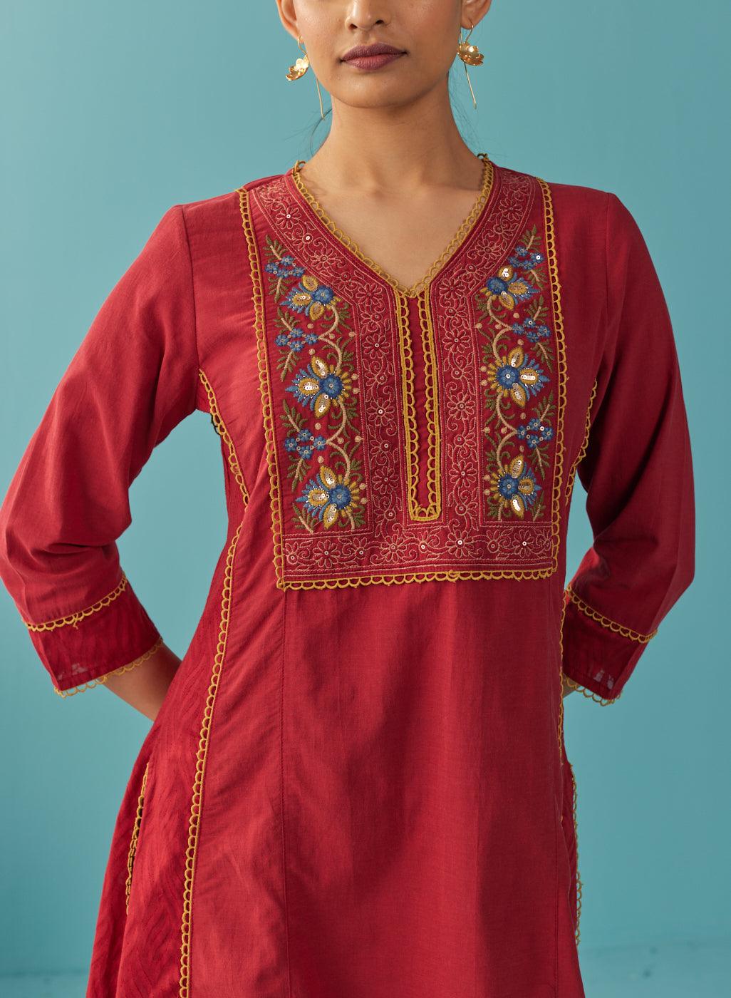 Red Lace Work Kurta with Multi Color Embroidery - Lakshita