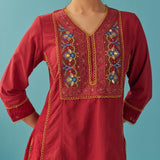 Red Lace Work Kurta with Multi Color Embroidery - Lakshita