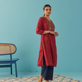 Red Lace Work Kurta with Multi Color Embroidery - Lakshita