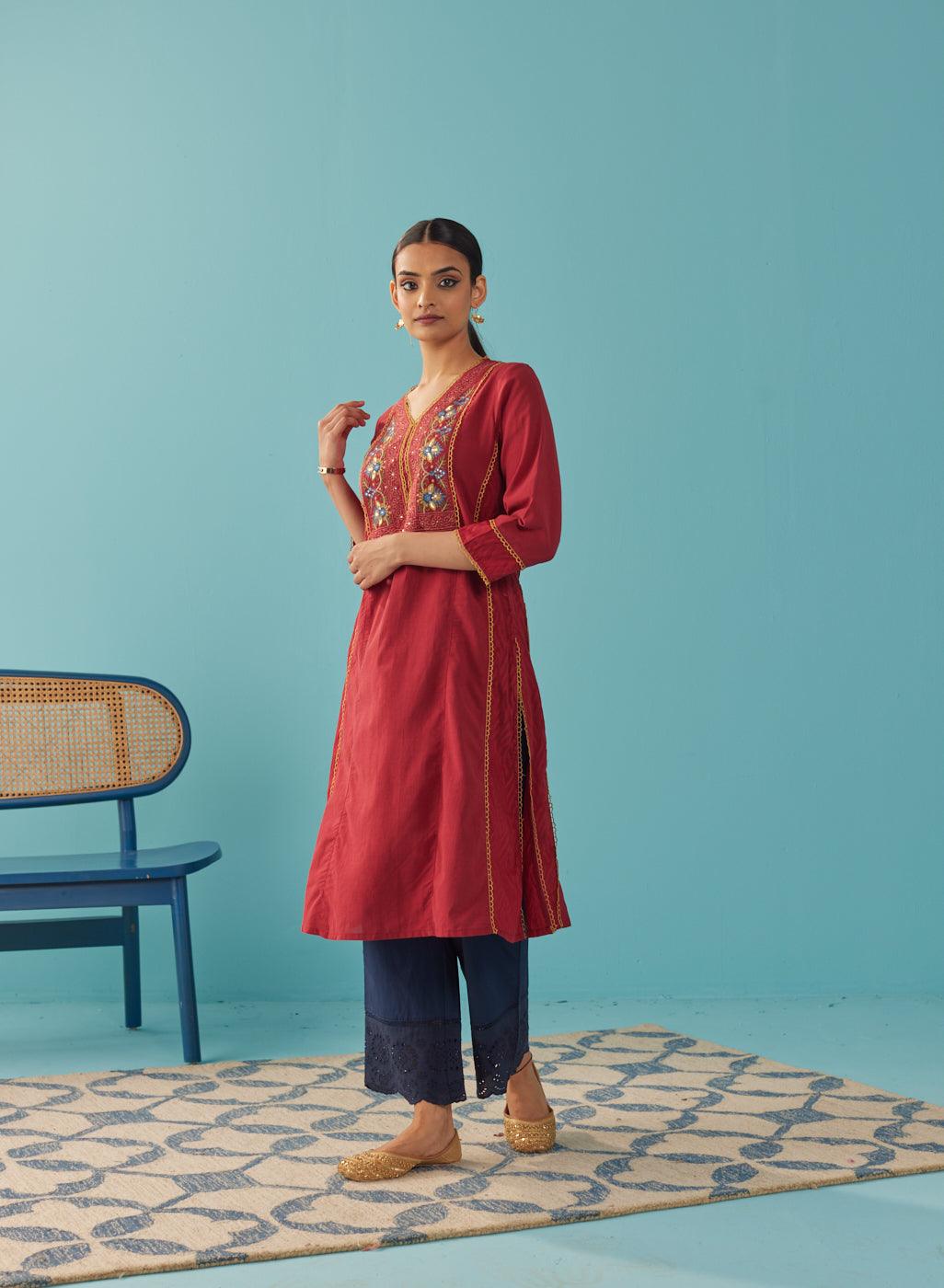 Red Lace Work Kurta with Multi Color Embroidery - Lakshita