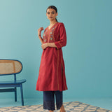 Red Lace Work Kurta with Multi Color Embroidery - Lakshita