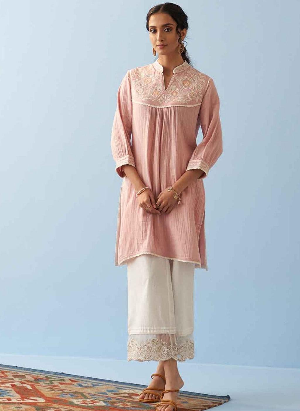 Pink Embroidered Thigh Length Crinkled Kurti - Lakshita