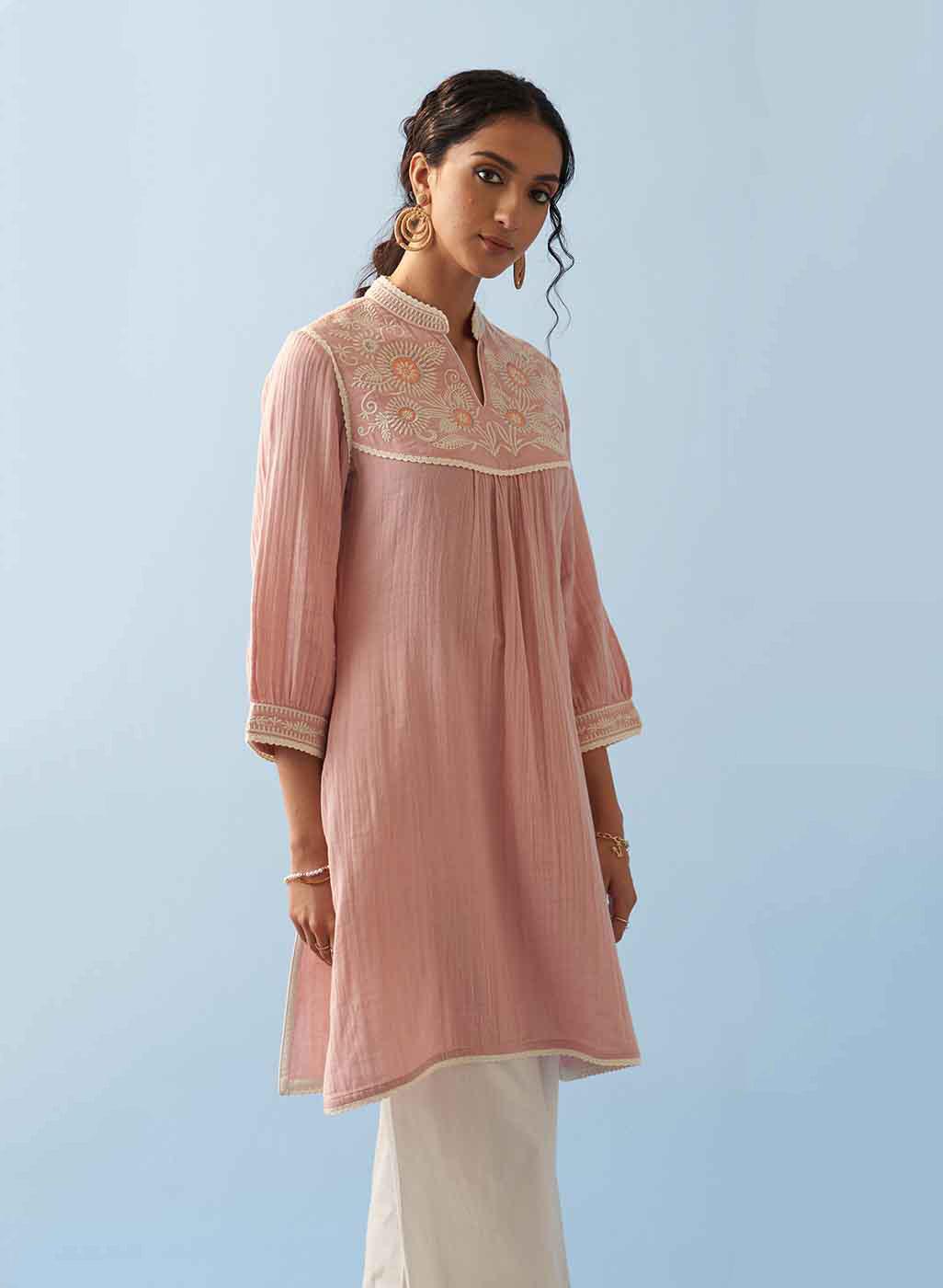 Pink Embroidered Thigh Length Crinkled Kurti - Lakshita