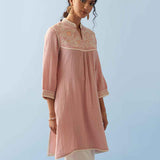 Pink Embroidered Thigh Length Crinkled Kurti - Lakshita