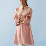 Pink Embroidered Thigh Length Crinkled Kurti - Lakshita