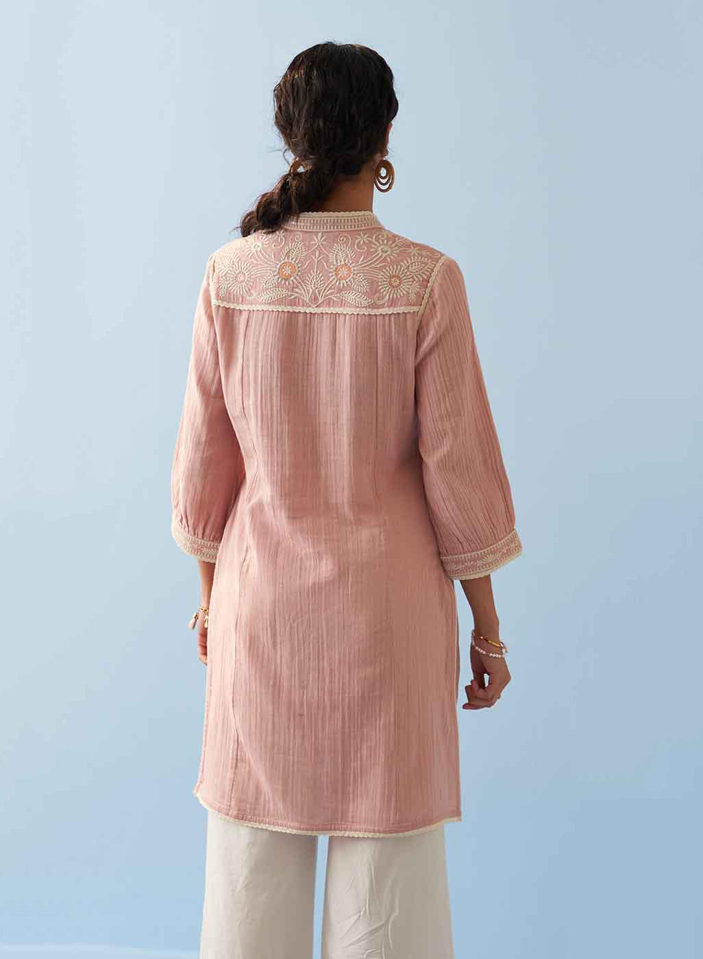 Pink Embroidered Thigh Length Crinkled Kurti - Lakshita