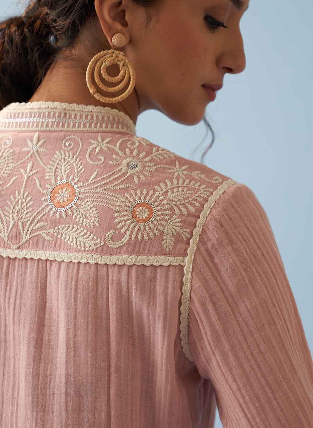 Pink Embroidered Thigh Length Crinkled Kurti - Lakshita