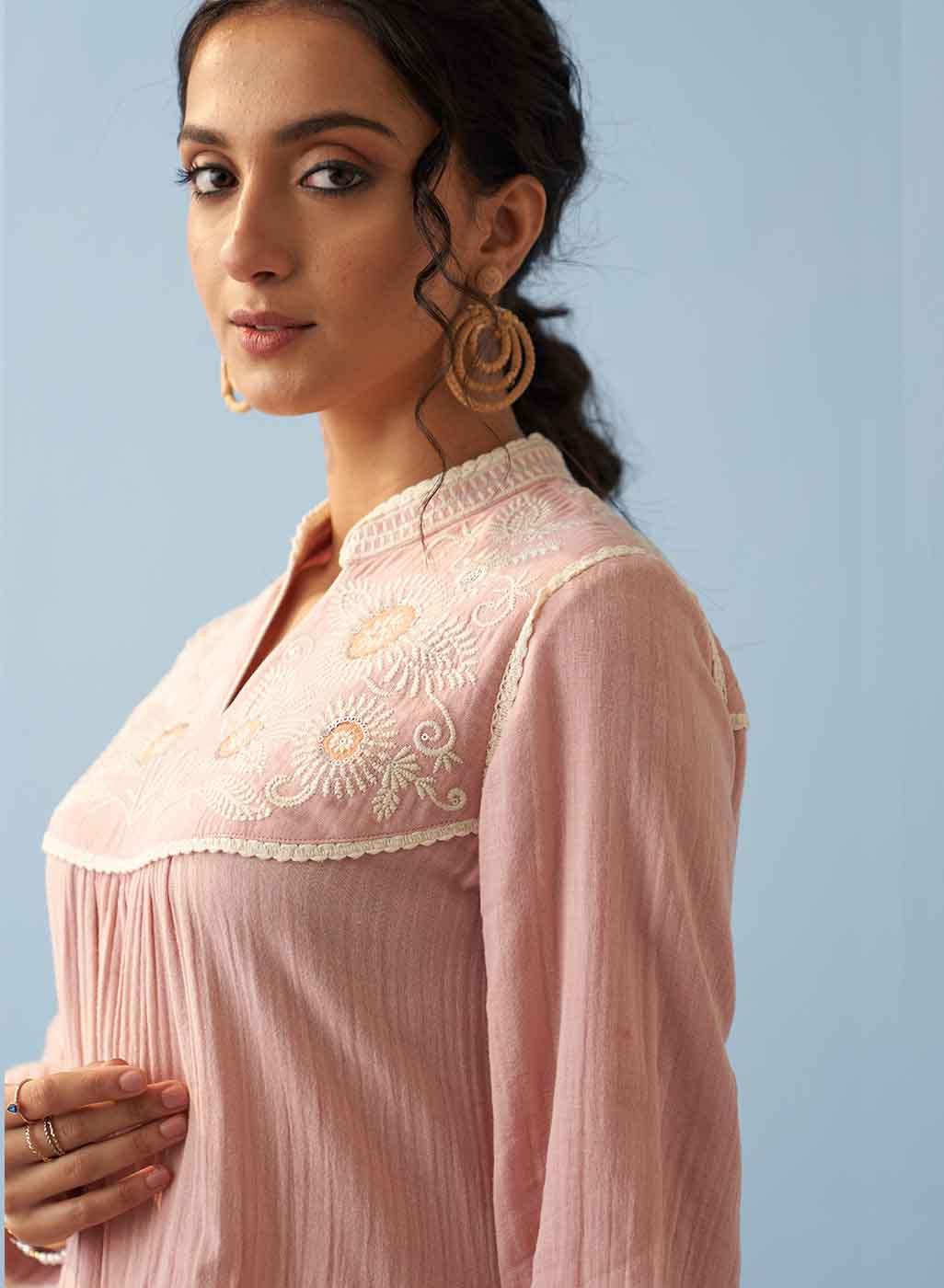 Pink Embroidered Thigh Length Crinkled Kurti - Lakshita