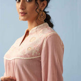 Pink Embroidered Thigh Length Crinkled Kurti - Lakshita