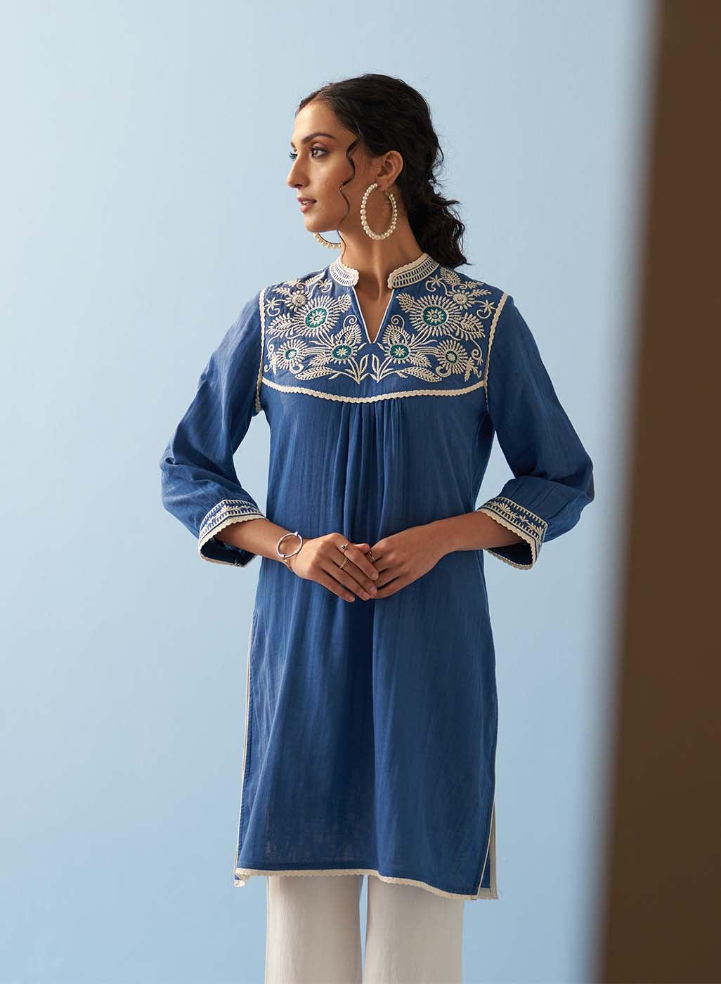 Blue Embroidered Thigh Length Crinkled Kurti - Lakshita