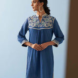 Blue Embroidered Thigh Length Crinkled Kurti - Lakshita