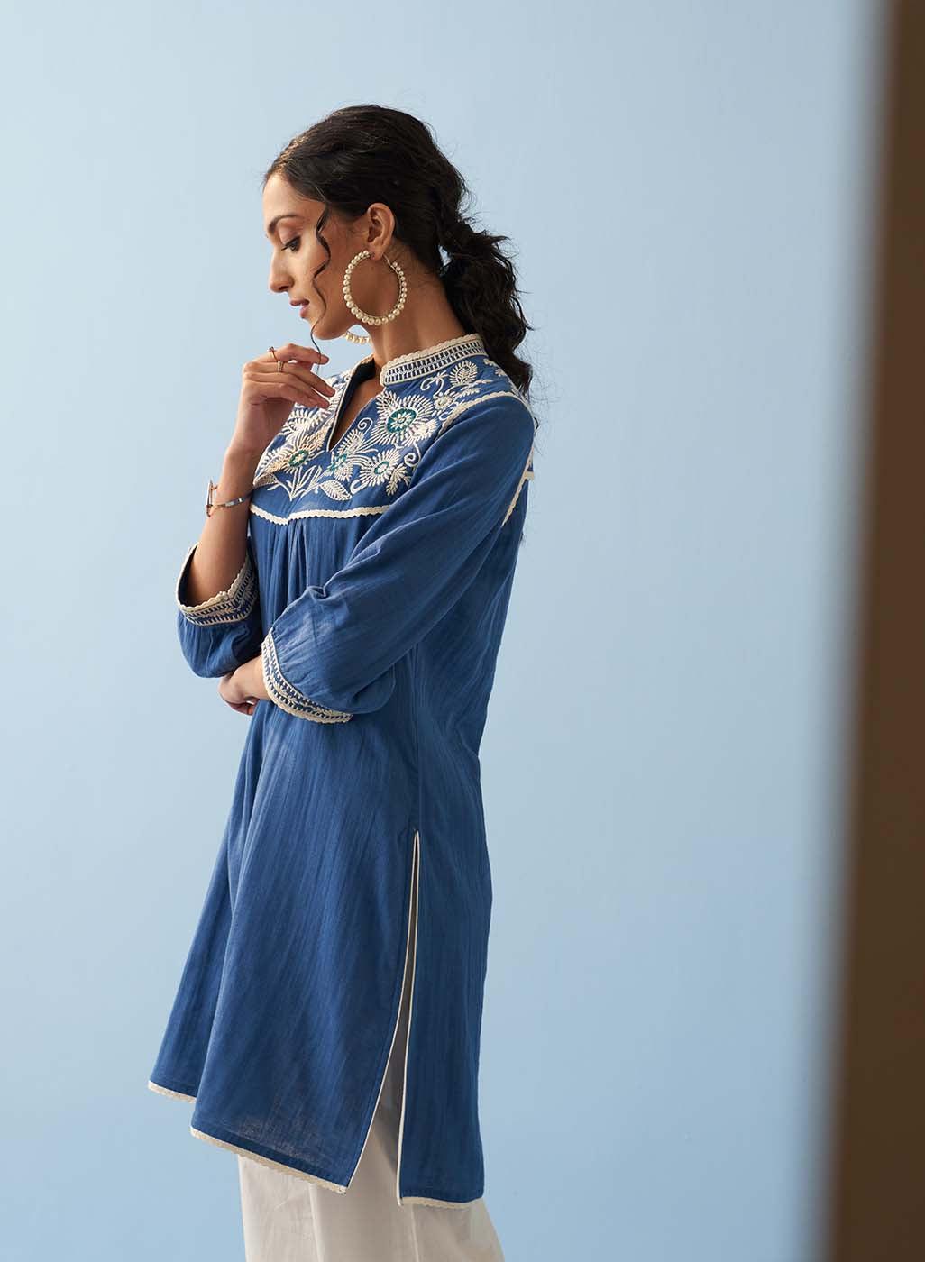 Blue Embroidered Thigh Length Crinkled Kurti - Lakshita