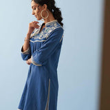 Blue Embroidered Thigh Length Crinkled Kurti - Lakshita