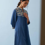 Blue Embroidered Thigh Length Crinkled Kurti - Lakshita