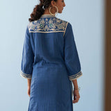 Blue Embroidered Thigh Length Crinkled Kurti - Lakshita