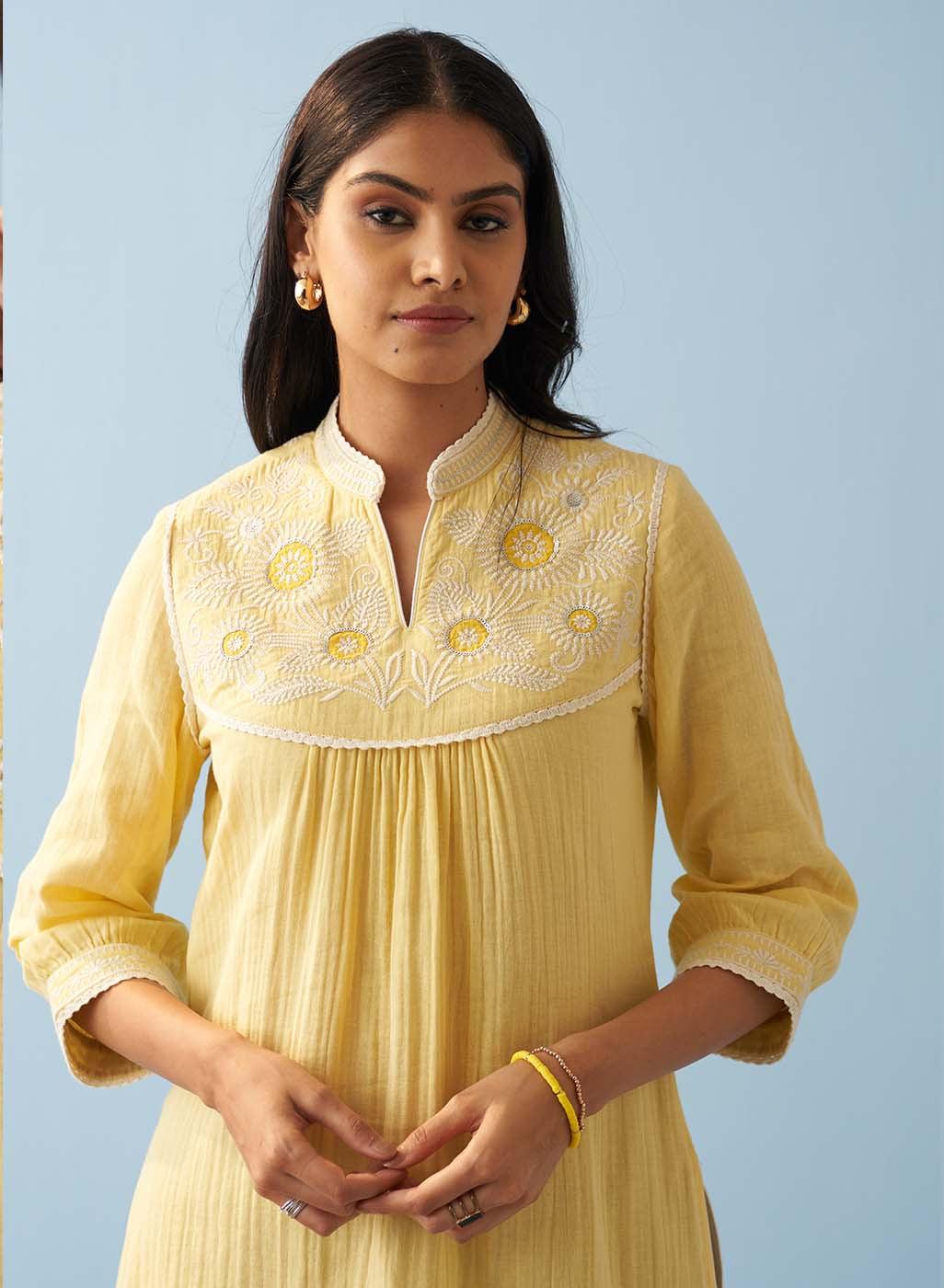 Yellow Embroidered Thigh Length Crinkled Kurti - Lakshita