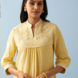 Yellow Embroidered Thigh Length Crinkled Kurti - Lakshita