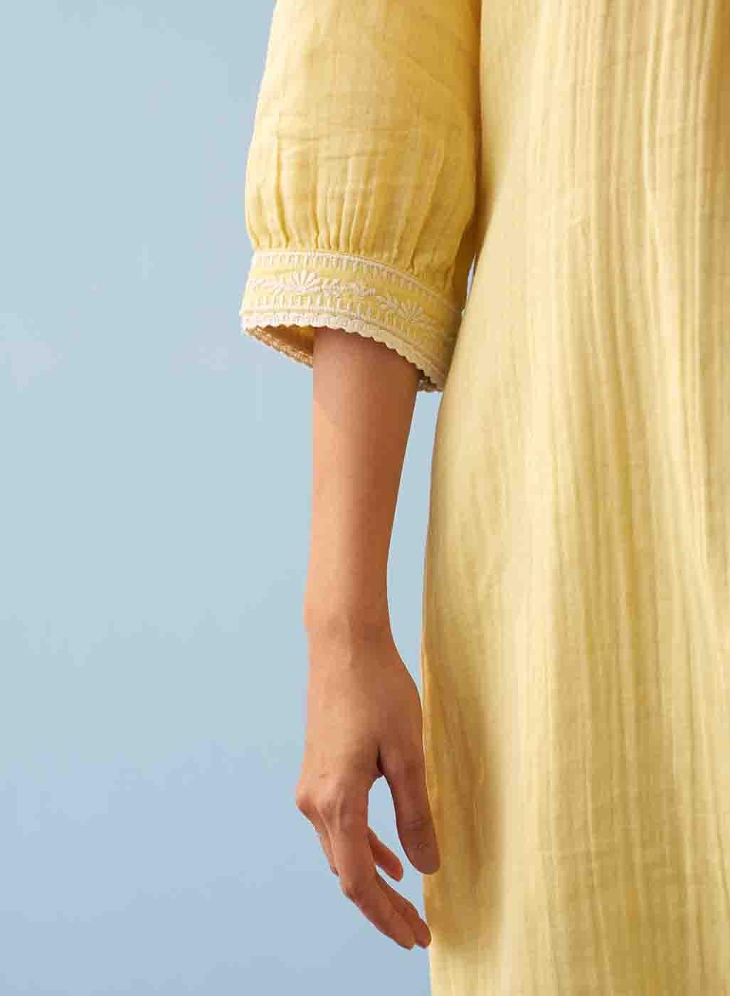 Yellow Embroidered Thigh Length Crinkled Kurti - Lakshita