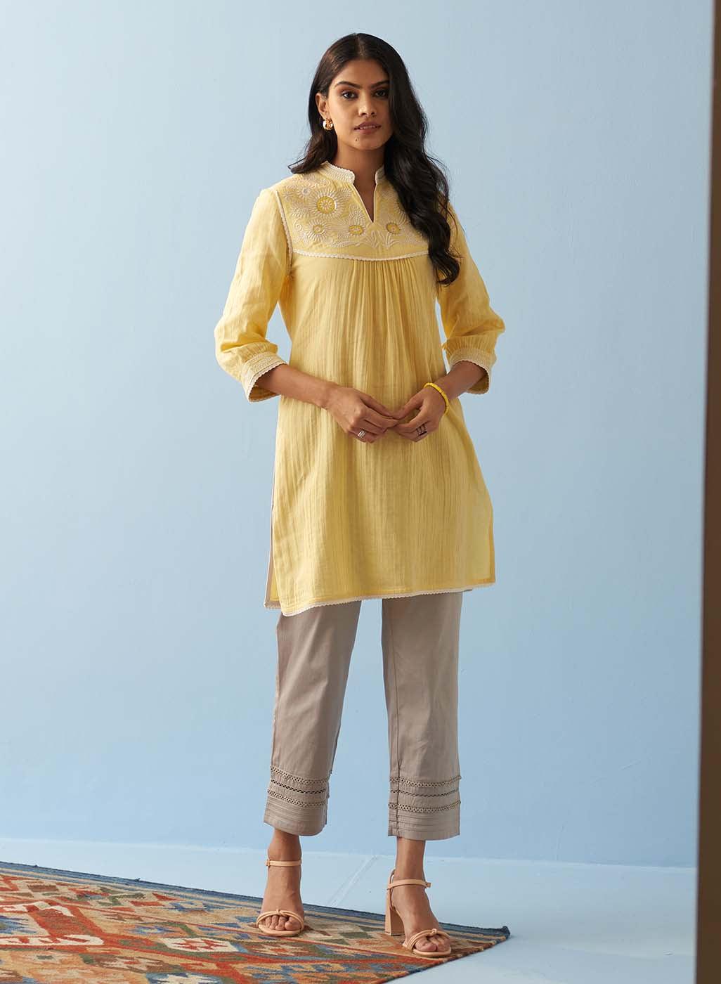 Yellow Embroidered Thigh Length Crinkled Kurti - Lakshita