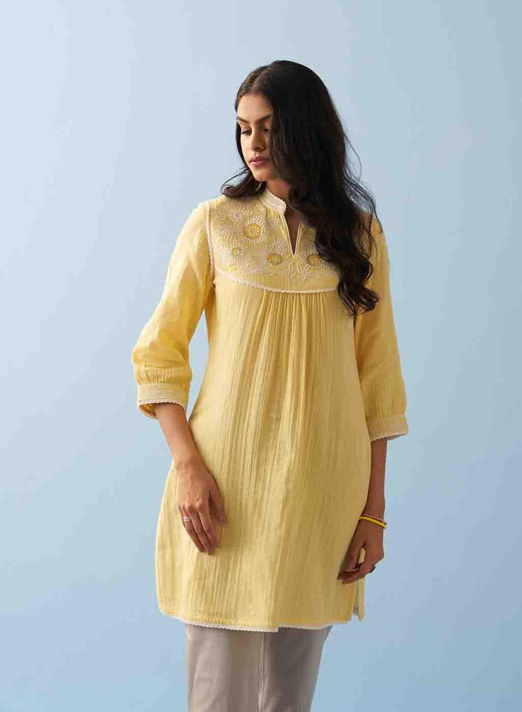 Yellow Embroidered Thigh Length Crinkled Kurti - Lakshita