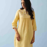 Yellow Embroidered Thigh Length Crinkled Kurti - Lakshita