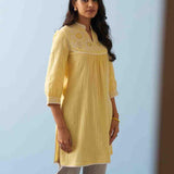 Yellow Embroidered Thigh Length Crinkled Kurti - Lakshita