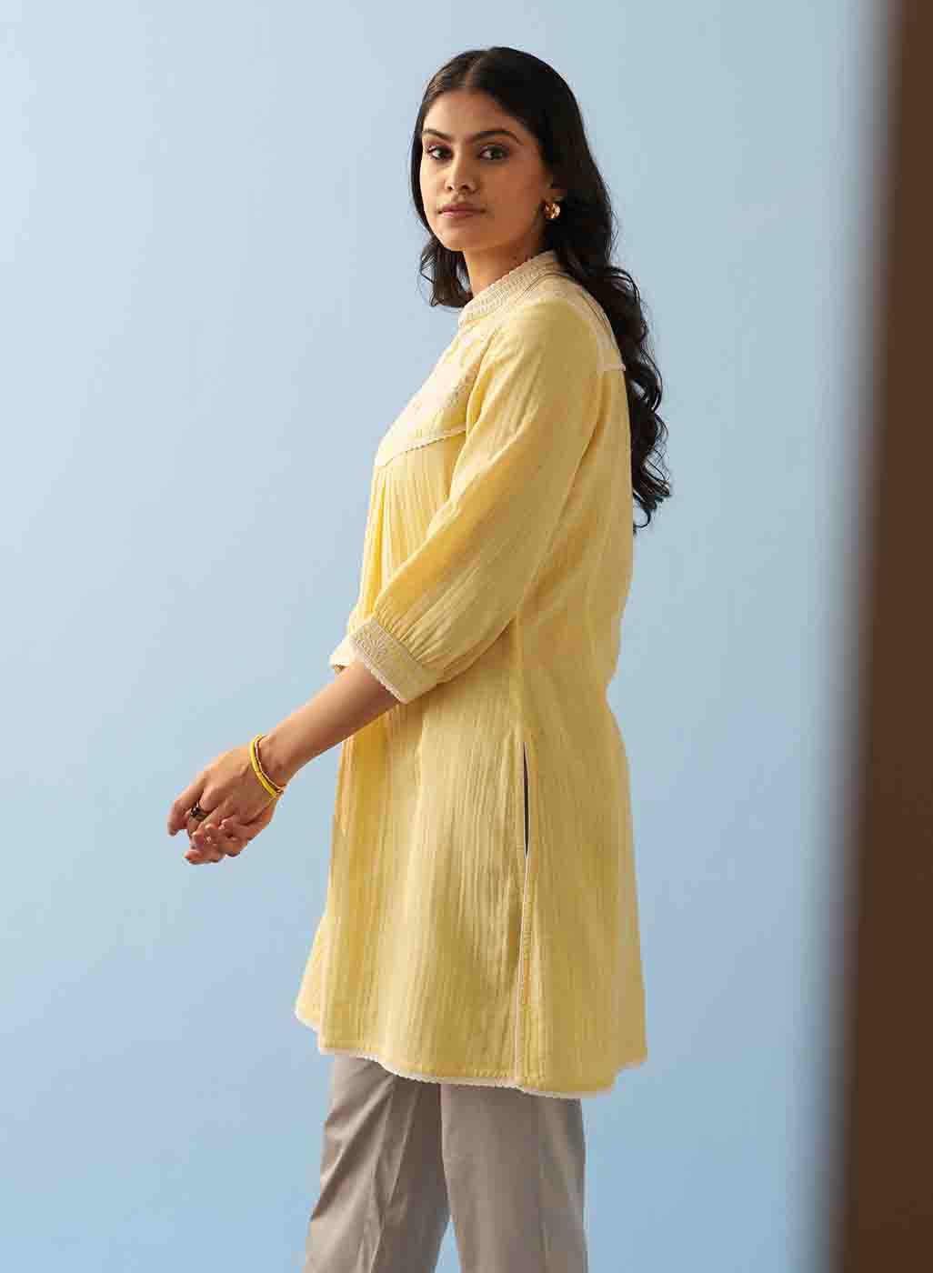 Yellow Embroidered Thigh Length Crinkled Kurti - Lakshita